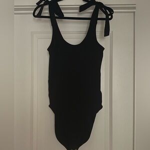 Black Ribbed Body Suit with Tie Shoulder Straps